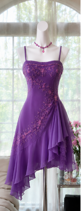 Pretty Purple Short Homecoming Dress Straps A-Line Chiffon Beaded Birthday Dress DP06568
