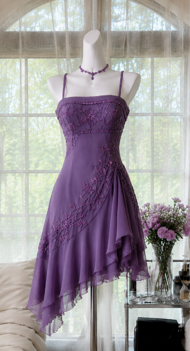 Pretty Purple Short Homecoming Dress Straps A-Line Beaded Chiffon Birthday Dress DP06569