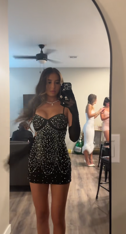 Sexy Black Short Homecoming Dress Straps A-Line Satin Sequins Birthday Dress DP06570