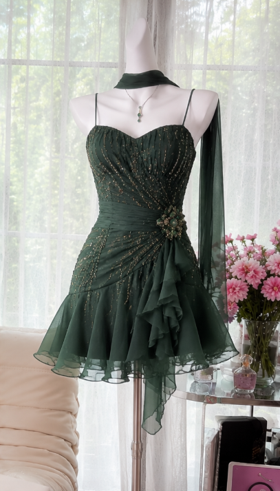 Chic Dark Green Short Homecoming Dress Straps A-Line Chiffon Beaded Birthday Dress DP06574