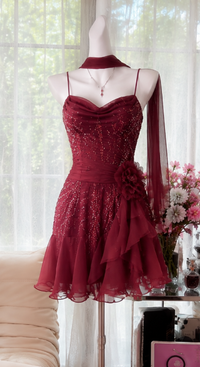 Chic Burgundy Short Homecoming Dress Straps A-Line Chiffon Beaded Birthday Dress DP06575