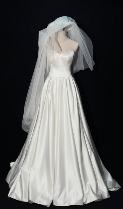 Timeless A-Line White Satin Wedding Dress for Bride DP06585