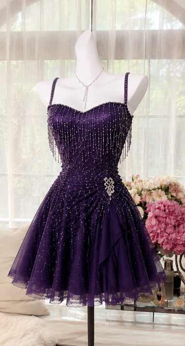 Chic Purple Short Homecoming Dress A-Line Chiffon Beaded Birthday Dress DP06601