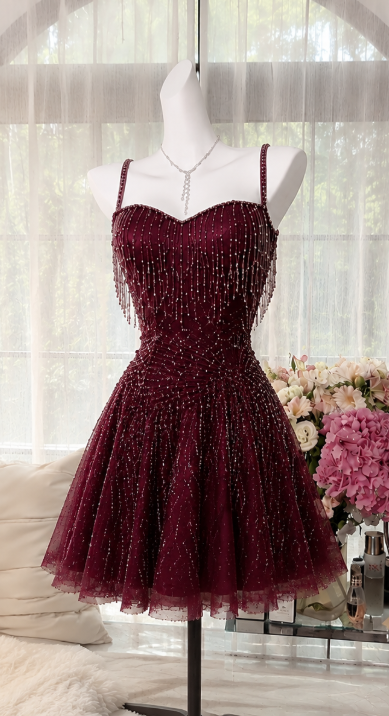 Chic Burgundy Short Homecoming Dress A-Line Chiffon Beaded Birthday Dress DP06602