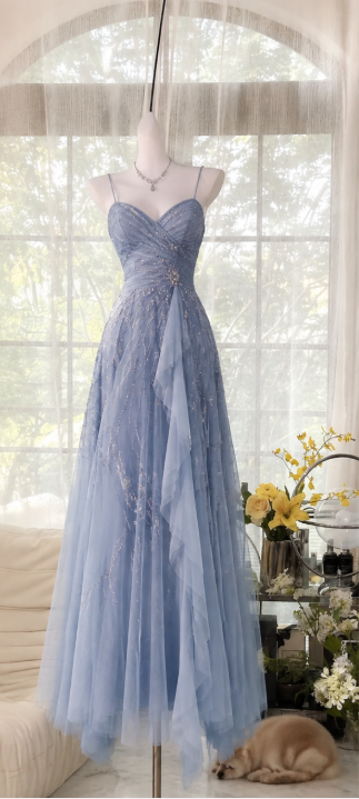 Chic Blue Prom Dress A-Line Chiffon Beaded Long Evening Dress DP06604
