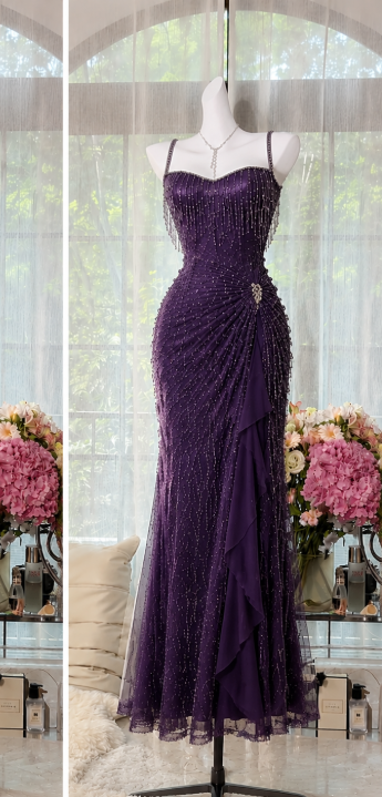 Chic Purple Prom Dress Sheath Chiffon Beaded Long Evening Dress DP06605