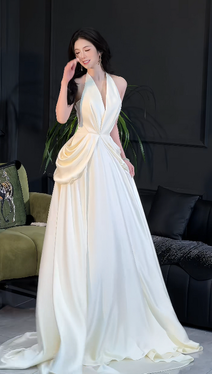 Chic White A-Line Satin Wedding Dress for Bride DP06631