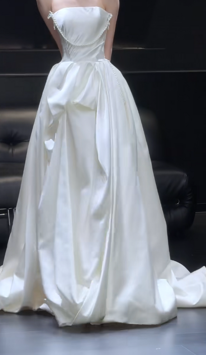 Chic White A-Line Satin Wedding Dress for Bride DP06632