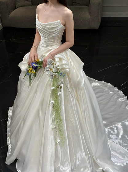 Chic White A-Line Satin Wedding Dress for Bride DP06634
