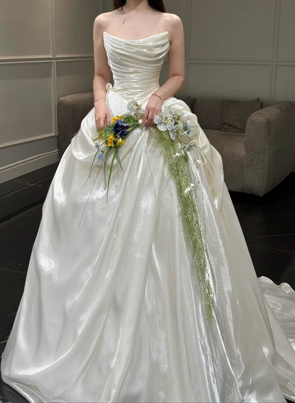 Chic White A-Line Satin Wedding Dress for Bride DP06634