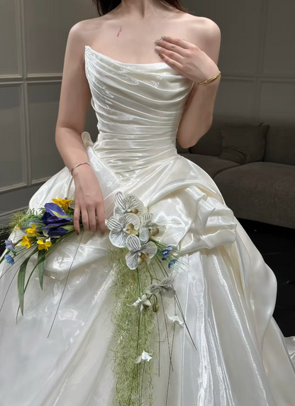 Chic White A-Line Satin Wedding Dress for Bride DP06634