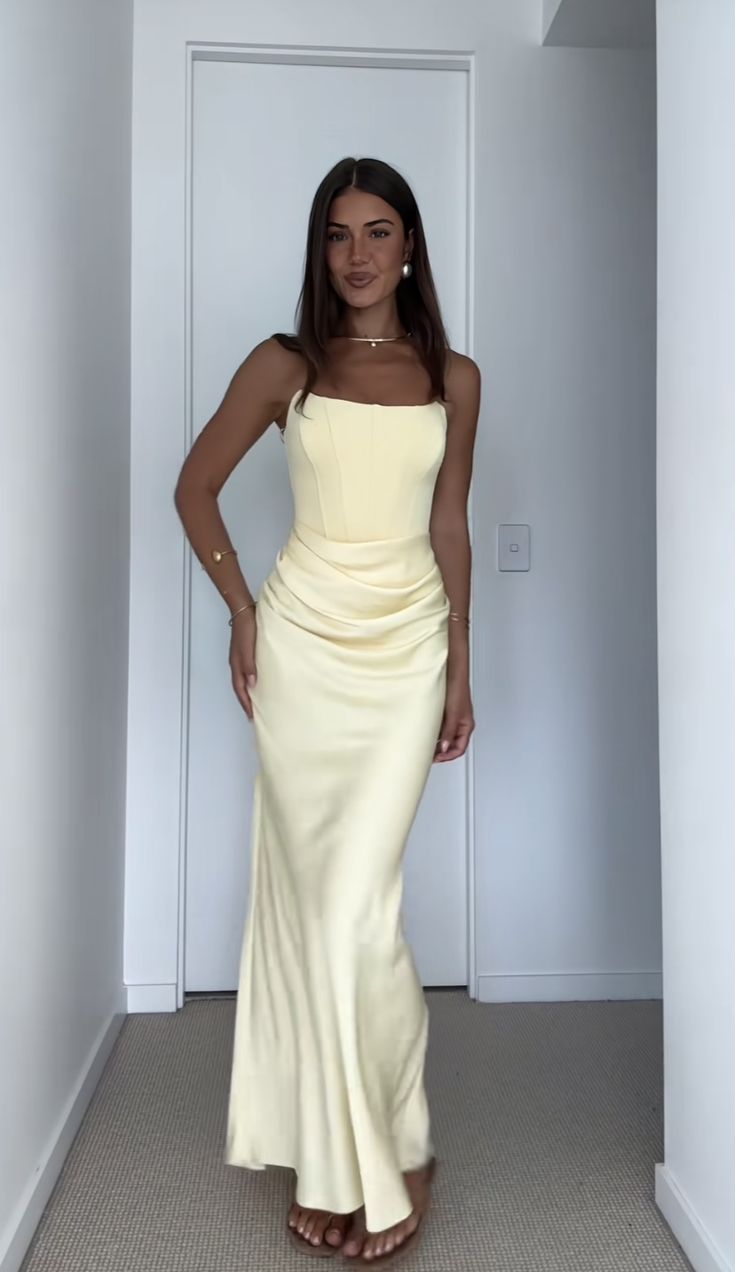 Elegant Yellow Prom Dress Sheath Satin Long Evening Dress DP06640