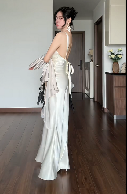 Elegant Ivory Prom Dress Sheath Satin Long Evening Dress DP06643