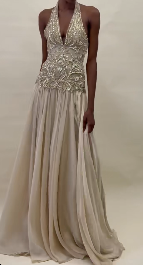 Elegant Ivory Prom Dress Sheath Beaded Chiffon Long Evening Dress DP06647