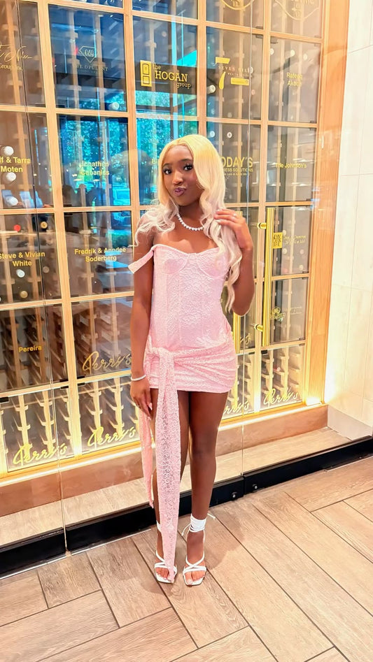 Chic Pink Short Homecoming Dress Lace Sheath Birthday Dress DP06672