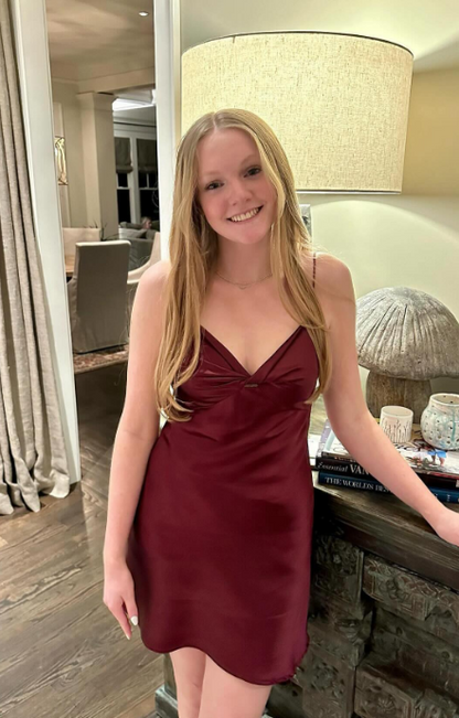 Chic Burgundy Short Homecoming Dress Satin Sheath Birthday Dress DP06675