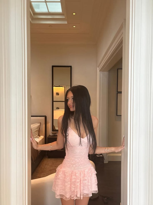Chic Pink Short Homecoming Dress Lace Sheath Birthday Dress DP06677