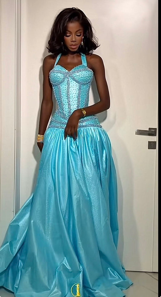 Chic Blue Prom Dress Satin Sheath Long Evening Dress DP06688