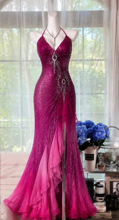 Chic Fuchsia Prom Dress Chiffon Beaded Sheath Long Evening Dress DP06690