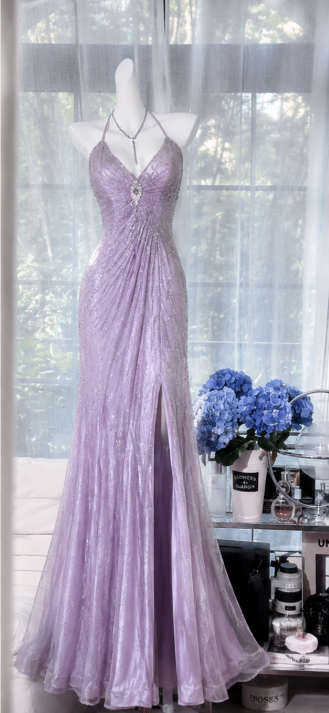 Chic Light Purple Prom Dress Chiffon Beaded Sheath Long Evening Dress DP06692