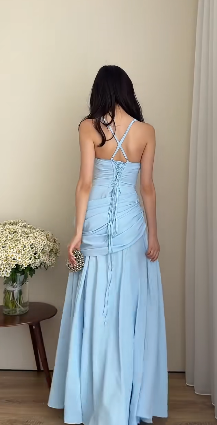 Chic Blue Prom Dress Chiffon Sheath Long Evening Dress DP06695