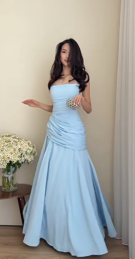 Chic Blue Prom Dress Chiffon Sheath Long Evening Dress DP06695