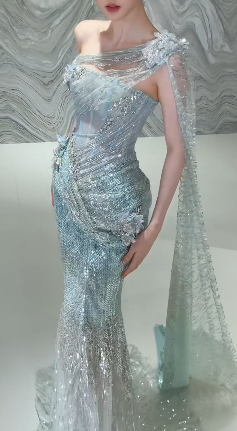Elegant Tiffany Blue Evening Dress Mermaid Tulle Long Prom Dress DP06704