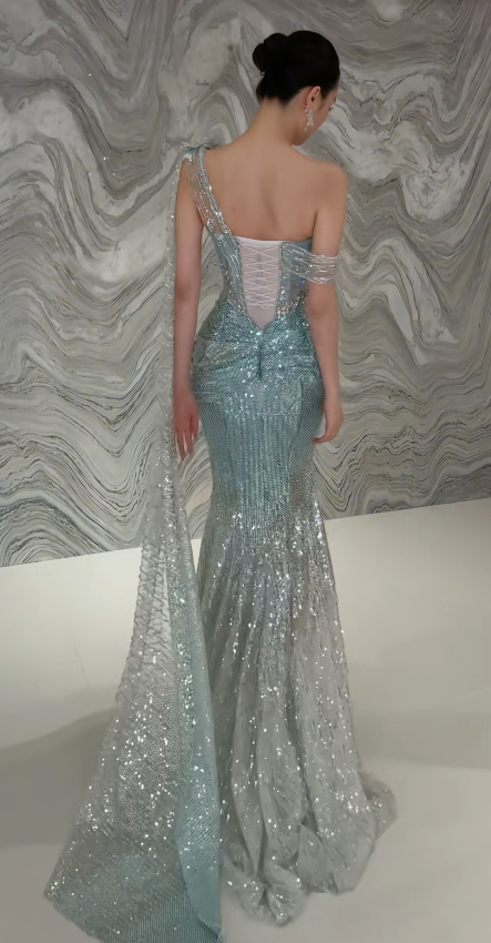 Elegant Tiffany Blue Evening Dress Mermaid Tulle Long Prom Dress DP06704
