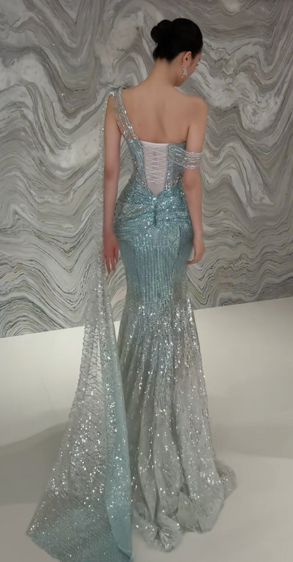 Elegant Tiffany Blue Evening Dress Mermaid Tulle Long Prom Dress DP06704