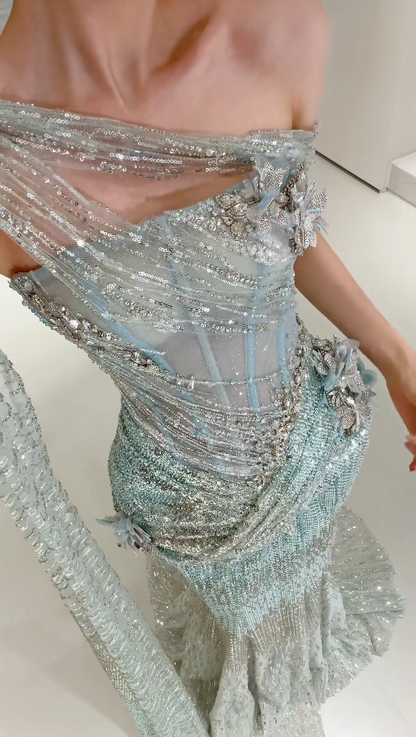 Elegant Tiffany Blue Evening Dress Mermaid Tulle Long Prom Dress DP06704