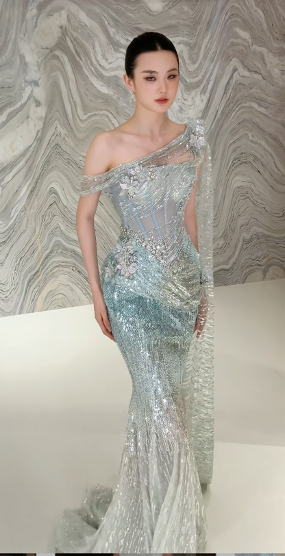 Elegant Tiffany Blue Evening Dress Mermaid Tulle Long Prom Dress DP06704