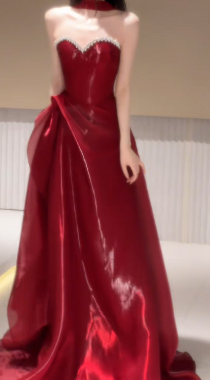 Elegant Burgundy Evening Dress A-Line Satin Long Prom Dress DP06708