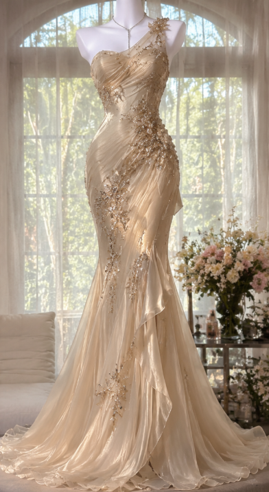 Elegant Light Gold Evening Dress Mermaid Chiffon Beaded Long Prom Dress DP06710