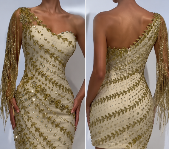 Fashion Champagne Hoco Dress Sheath Beaded Satin Birthday Dress DP06735
