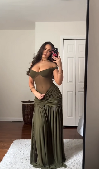 Chic Olive Green Long Evening Dress Sheath Chiffon Prom Dress DP06761
