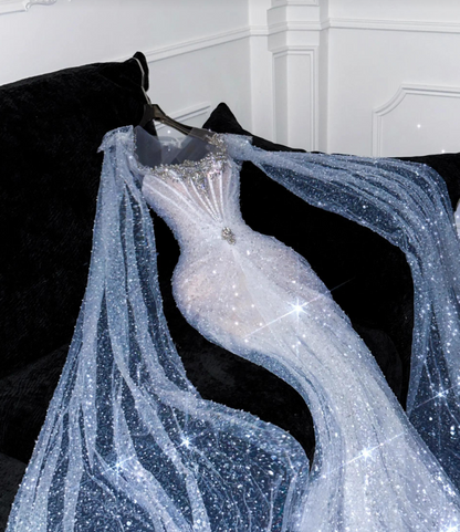 Chic White Long Evening Dress Mermaid Tulle Prom Dress DP06762