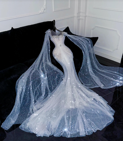 Chic White Long Evening Dress Mermaid Tulle Prom Dress DP06762