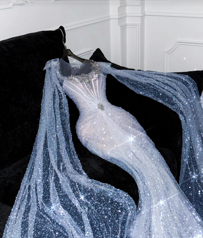 Chic White Long Evening Dress Mermaid Tulle Prom Dress DP06762
