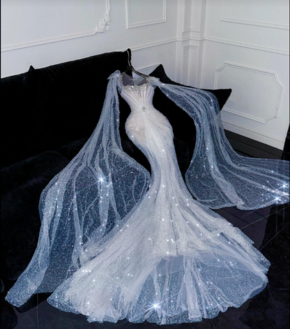 Chic White Long Evening Dress Mermaid Tulle Prom Dress DP06762