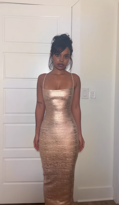 Chic Gold Long Evening Dress Sheath Satin Prom Dress DP06765