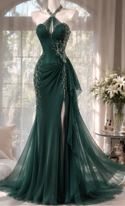 Chic Green Long Evening Dress Sheath Chiffon Prom Dress DP06766