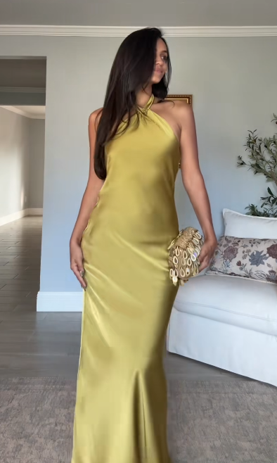 Elegantes gelbes langes Abendkleid Etui Satin Ballkleid DP06770