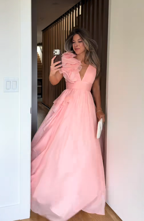 Chic Pink Long Evening Dress A-Line Chiffon Prom Dress DP06771