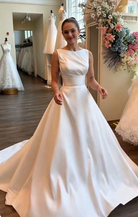 Chic White A-Line Satin Long Wedding Dress DP06773