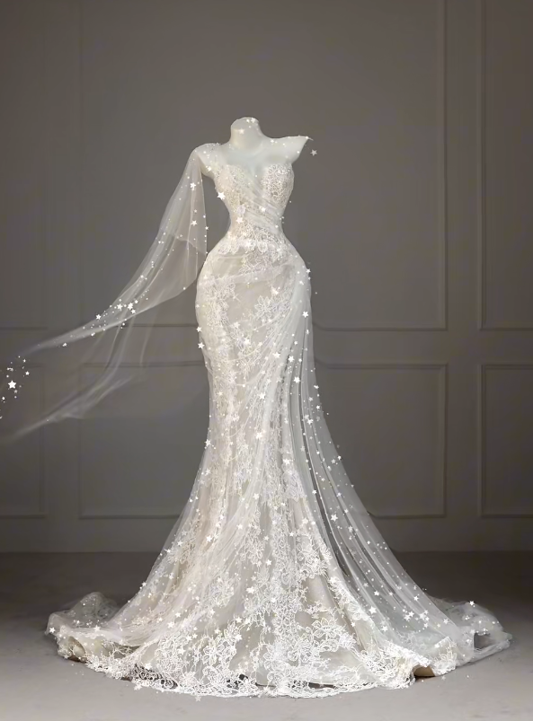 Chic White Mermaid Lace Long Wedding Dress DP06779