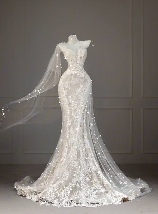 Chic White Mermaid Lace Long Wedding Dress DP06779
