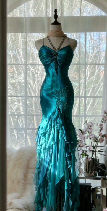 Elegant Peacock Blue Prom Dress Sheath Chiffon Long Evening Dress DP06780