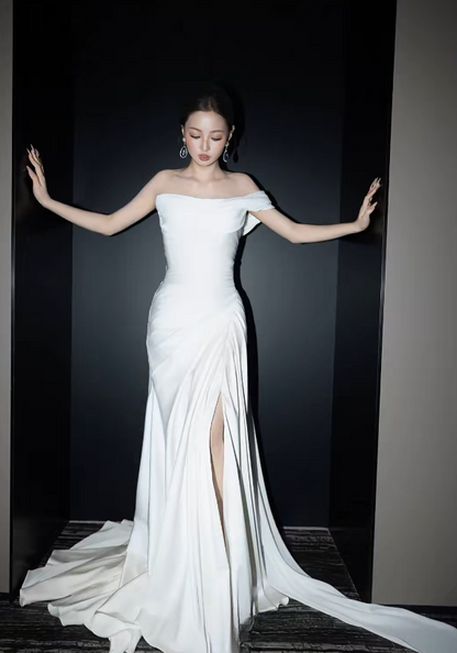 Chic White Sheath Satin Long Wedding Dress DP06780