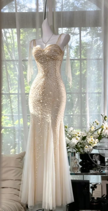 Elegant Light Champagne Prom Dress Sheath Chiffon Beaded Long Evening Dress DP06783