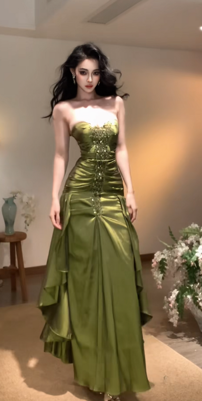 Elegant Green Prom Dress Sheath Satin Long Evening Dresss DP06790